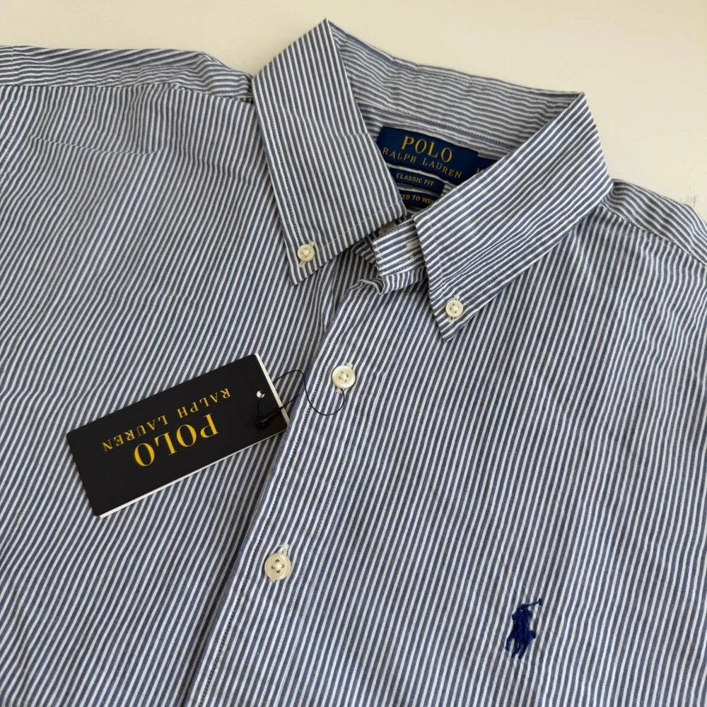 Polo Ralph Lauren Classic Fit Blue Seersucker Short Sleeve Button Men Medium NWT
